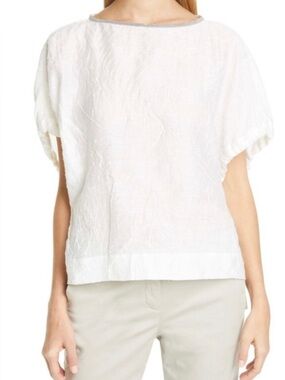 Fabiana Filippi WhIte Floral Contrasting Trim Blouse Size Small Linen Coastal